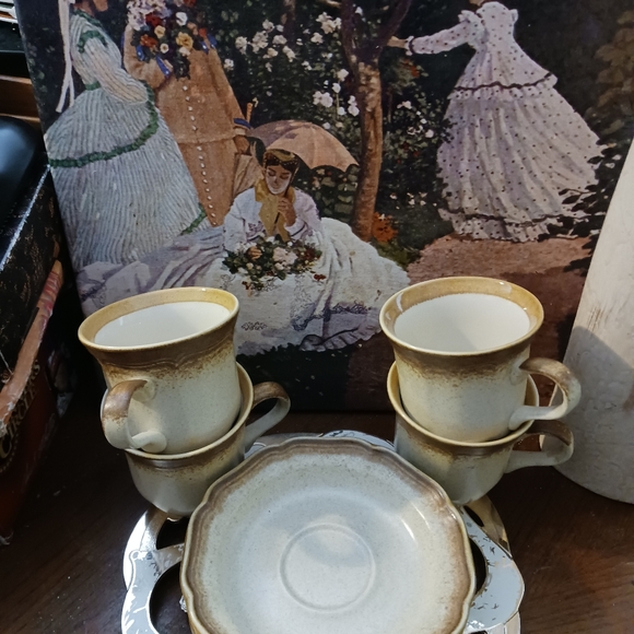 80's Mikasa WHOLE WHEAT Cream Center Brown Edge Stoneware Cups&Saucers Set 4. - Picture 13 of 16